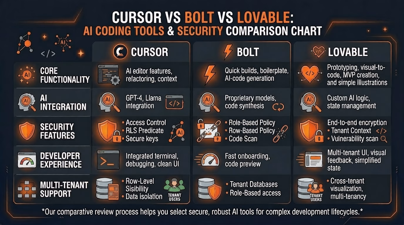Comparison chart of Cursor, Bolt, and Lovable AI coding tools evaluating core functionality, AI integration, security features, developer experience, and multi-tenant support