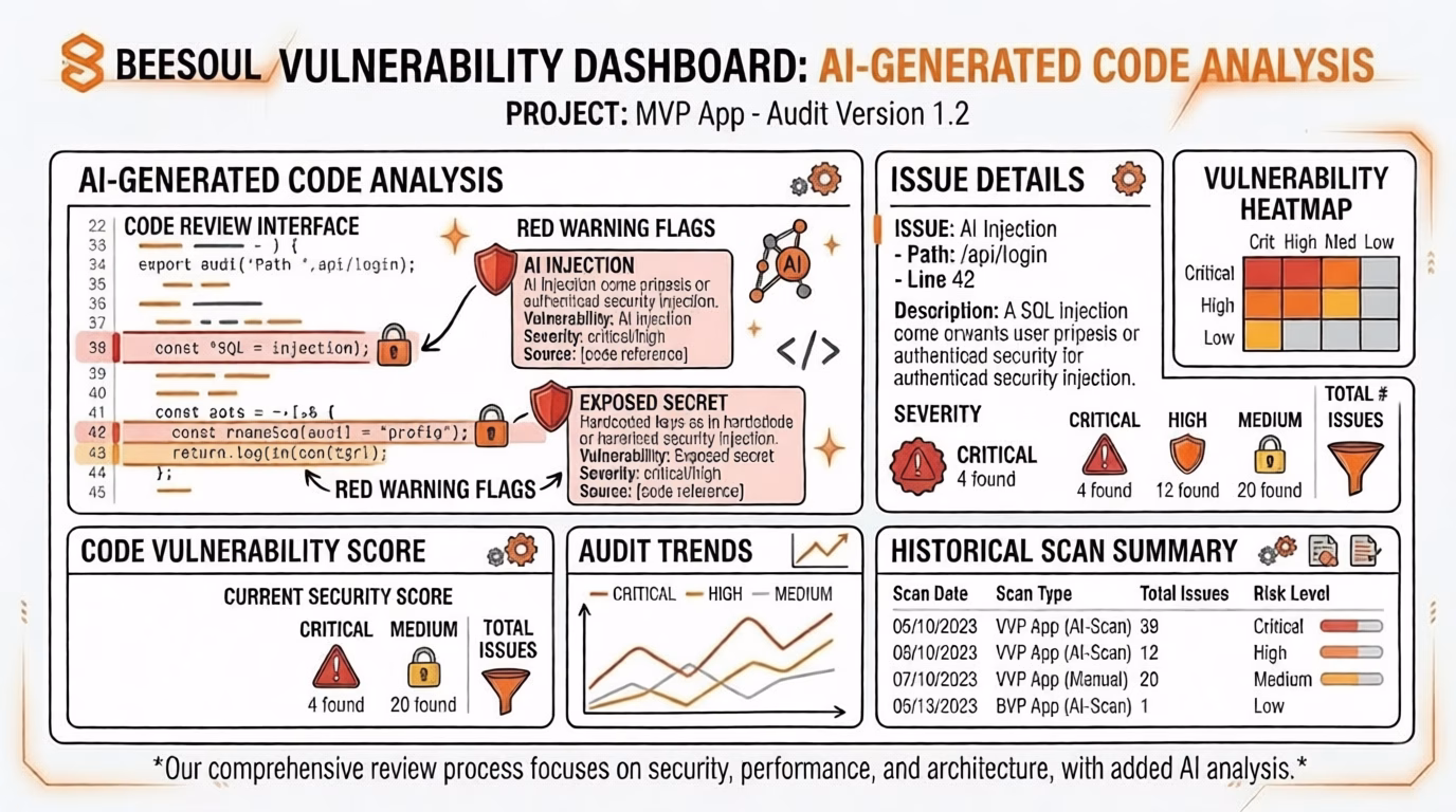 BeeSoul vulnerability dashboard infographic showing AI-generated code analysis with issue details, vulnerability heatmap, and audit trends for MVP App v1.2