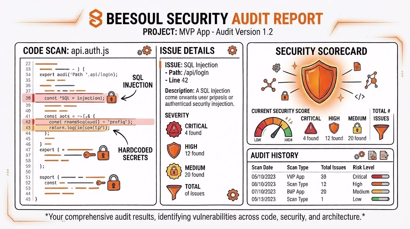 BeeSoul Security Audit Report infographic for MVP App Audit v1.2 showing code scan results with SQL injection and hardcoded secrets, security scorecard with 4 critical, 12 high, and 20 medium issues, and audit history