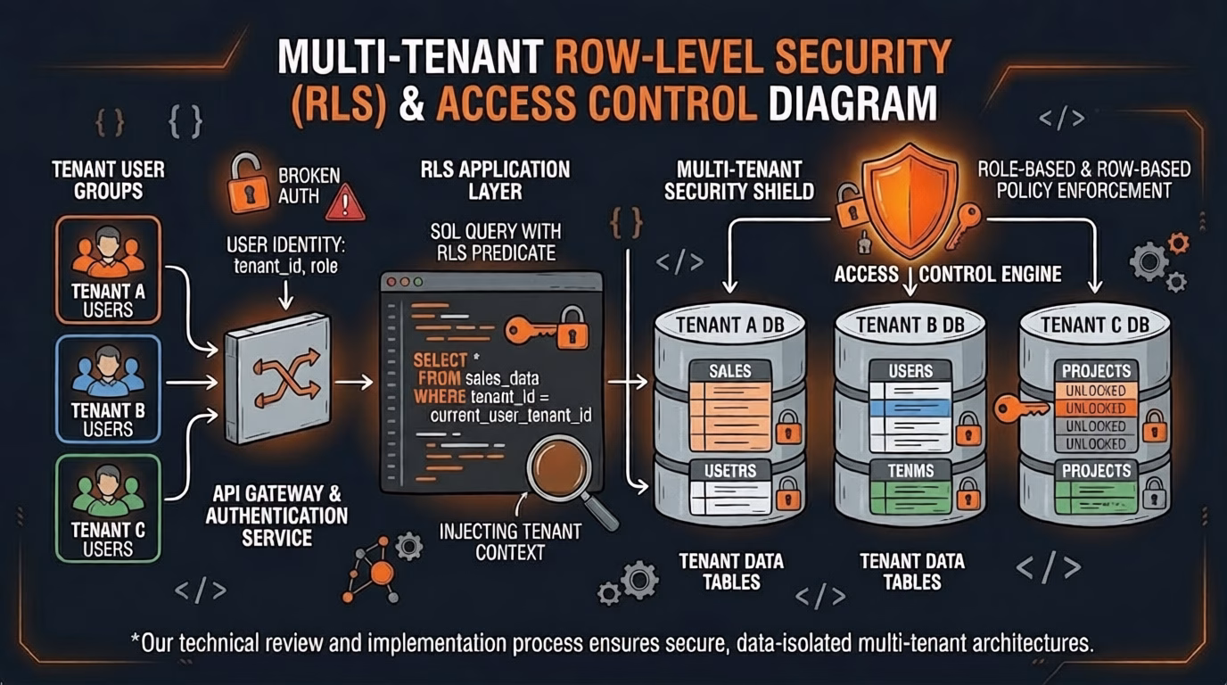 Diagram illustrating multi-tenant row-level security and access control architecture with tenant user groups, RLS application layer, and tenant data tables